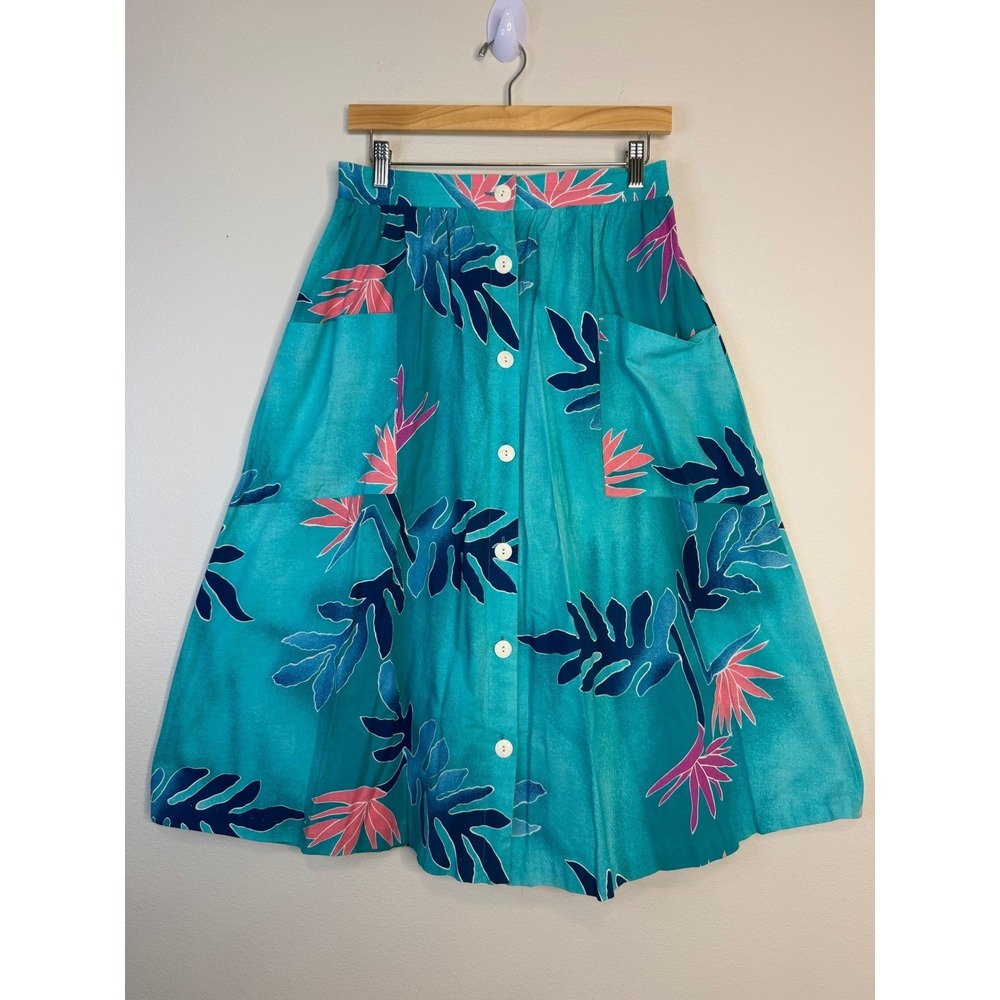 Vintage Hilo Hattie Vintage‎ Teal Tropical Floral Button Front Midi Skirt L